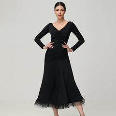 Customisable-Women's V Neck Long Sleeve WaltModern Ballroom Dance Dress Competition Dresses
