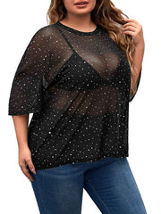 Short-Sleeved Round Neck Black Plus Size Rhinestone Shirts