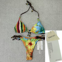 Tropical flower print beaded strapless bikini