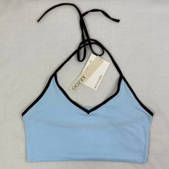 Contrasting color tie-neck sling-neck top