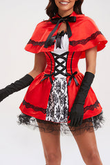 Lace Up Cinch Waist Colorblock Mini Dresses Hooded Shawl Halloween Set-Red