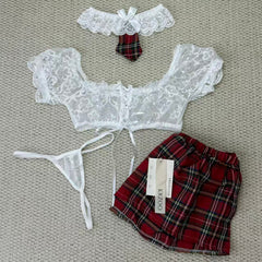 Belted lace-checkered short dress set