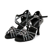 Women's Black Customized Heel Satin Rhinestones Strappy Dance Shoes