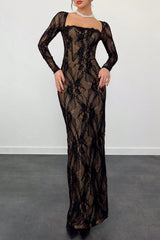 Square Neck Long Sleeve Lace Slim Fit Slit Hem Maxi Dresses-Black