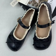 Round-toe retro bow flat leather shoes