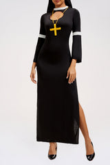 Cutout Flare Sleeve Slim Fit Side Slit Colorblock Nun Maxi Dresses-Black