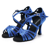 Women's Blue Customized Heel Strappy Dance Shoes With Crystals