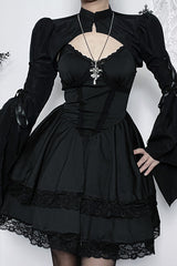 Tie Up Bell Sleeve Stand Collar Crop Top-Black