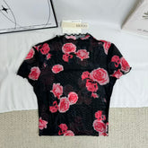 Mesh T-Shirt with Floral Print and Short Sleeves