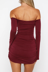 Off Shoulder Boat Neck Long Sleeve Ruched Slim Fit Mini Dresses-Burgundy