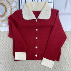 Doll Collar Contrast Color Cardigan