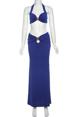 Metal Decor Halter Tube Bra Top Bodycon Maxi Skirt Party 2pcs Set-Blue
