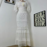 White Lantern Sleeve Suspender Dress