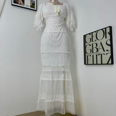 White Lantern Sleeve Suspender Dress