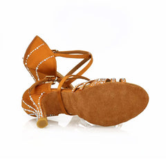 Women's Brown Customized Heel Open Toe Strappy Latin Dance Shoes With Crystals