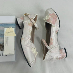 Block-Heel Shoes With Pearl-Embellished Straps