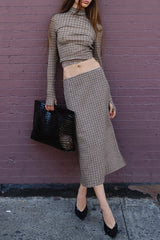 Plaid Print High Neck Long Sleeve Crop Top Fitted Midi Skirt Set-Coffee