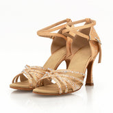 Women's Beige Silk Satin Rhinestones Strappy Latin Dance Shoes Customized Heel