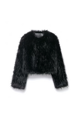 Faux Fur Long Sleeve Solid Color Fuzzy Crop Jacket-Black