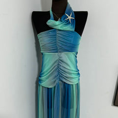 Printed Color-block Backless Strapless Dress