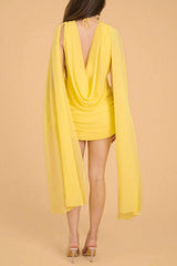 Cowl Neck Long Streamer Chiffon Pleated Mini Dress-Yellow
