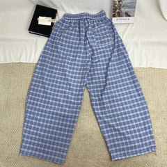Retro Blue Curved-Leg Plaid Trousers