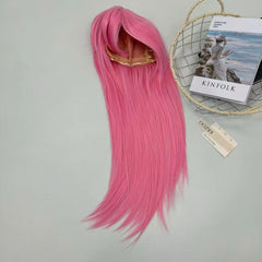 Pink long hair air-pressed fringe wig headgear