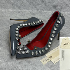 Beaded pointed metal buckle high-heeled shoes