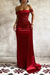 Off Shoulder Ruched Cinch Waist Bodycon Satin Slit Gowns Maxi Dresses-Red