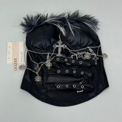 Ruffled PU leather strapless top