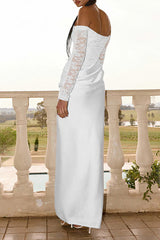 Off Shoulder Lace Patchwork Long Sleeve Ruched Slim Fit Maxi Dresses-White