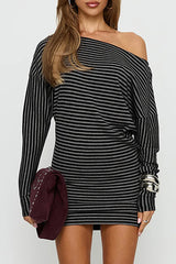 Striped Knit Off Shoulder Long Sleeve Slim Fit Casual Mini Dresses-Grey