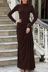 Metal Decor Ruched Slim Fit Solid Color Long Sleeve Maxi Dresses-Brown