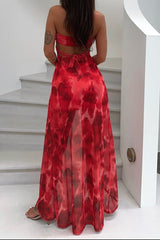 Pattern Print Sash Cut Out Halter Crop Top Vacation Mini Skirt Matching Set