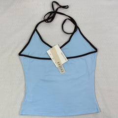 Contrasting color tie-neck sling-neck top