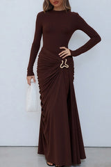 Metal Decor Ruched Slim Fit Solid Color Long Sleeve Maxi Dresses-Brown