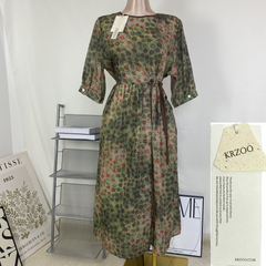 Round-neck flared sleeve leaf-patterned dress