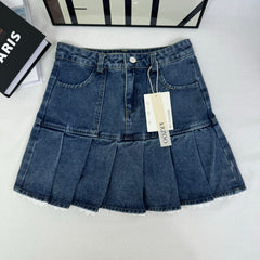 Lace trim pleated denim half-length skirt