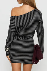 Striped Knit Off Shoulder Long Sleeve Slim Fit Casual Mini Dresses-Grey