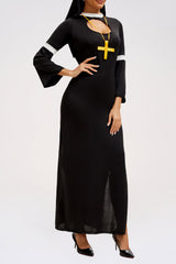 Cutout Flare Sleeve Slim Fit Side Slit Colorblock Nun Maxi Dresses-Black