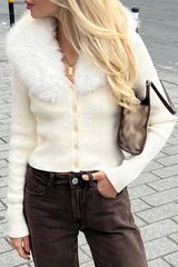 Furry Patchwork Knit V Neck Long Sleeve Button Up Sweater Cardigan-OffWhite