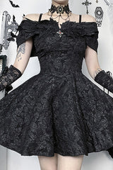 Cold Shoulder Cinch Waist Floral Textured Slip Mini Dresses-Black