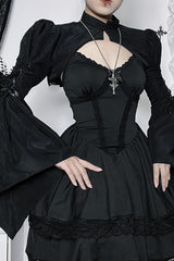 Tie Up Bell Sleeve Stand Collar Crop Top-Black