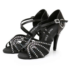 Women's Black Customized Heel Satin Rhinestones Strappy Ballroom Latin Dance Shoes