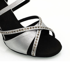 Women's Silver Customized Heel Open Toe Strappy Dance Shoes with Crystals