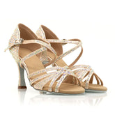 Women's Light Pink Customized Heel Open Toe Strappy Dance Shoes With Crystals