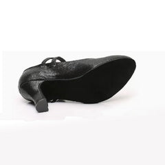 YW Women's Black Real Leather Customized Heels Ballroom Dance Shoes Modern Dance Shoes