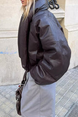 Turndown Collar Long Sleeve Solid Color Faux Leather Crop Padded Coat-Brown