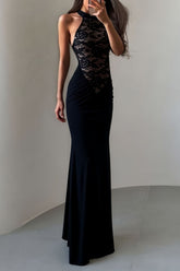 Lace Patchwork Halter Collar Backless Bodycon Party Maxi Dresses-Black