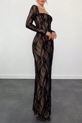Square Neck Long Sleeve Lace Slim Fit Slit Hem Maxi Dresses-Black